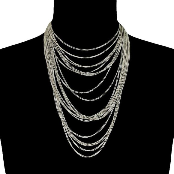 Vintage Jewelry - Vintage Multi Strand Necklace Pewter (?) Adjustable Length Bib Statement